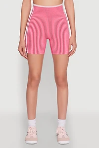 Womens Seamless Striped Biker Shorts, Pink, Size S-M
