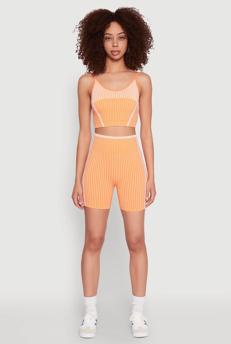 Womens Seamless Striped Biker Shorts, Orange,