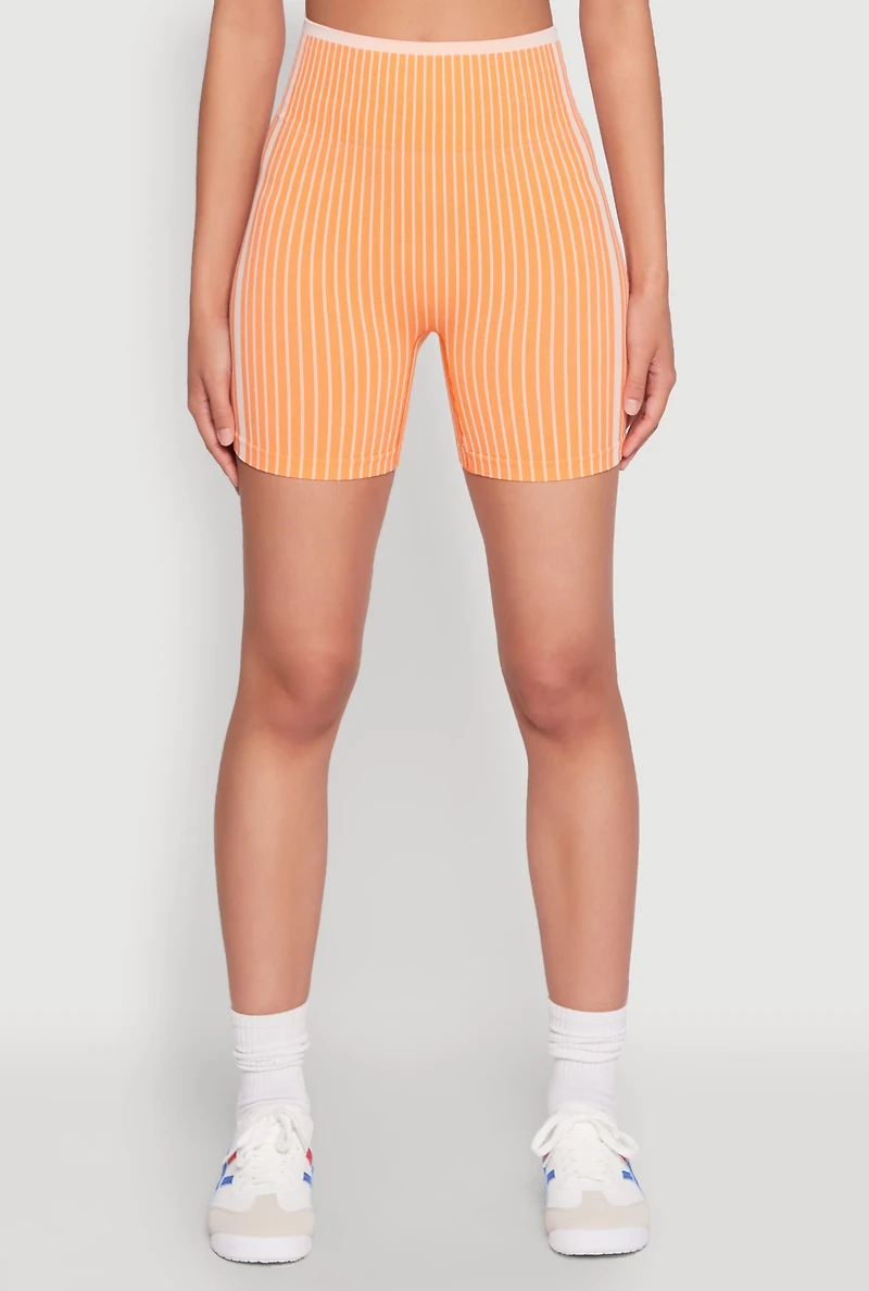 Womens Seamless Striped Biker Shorts, Orange, Size L-XL