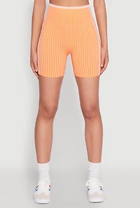 Womens Seamless Striped Biker Shorts, Orange, Size L-XL