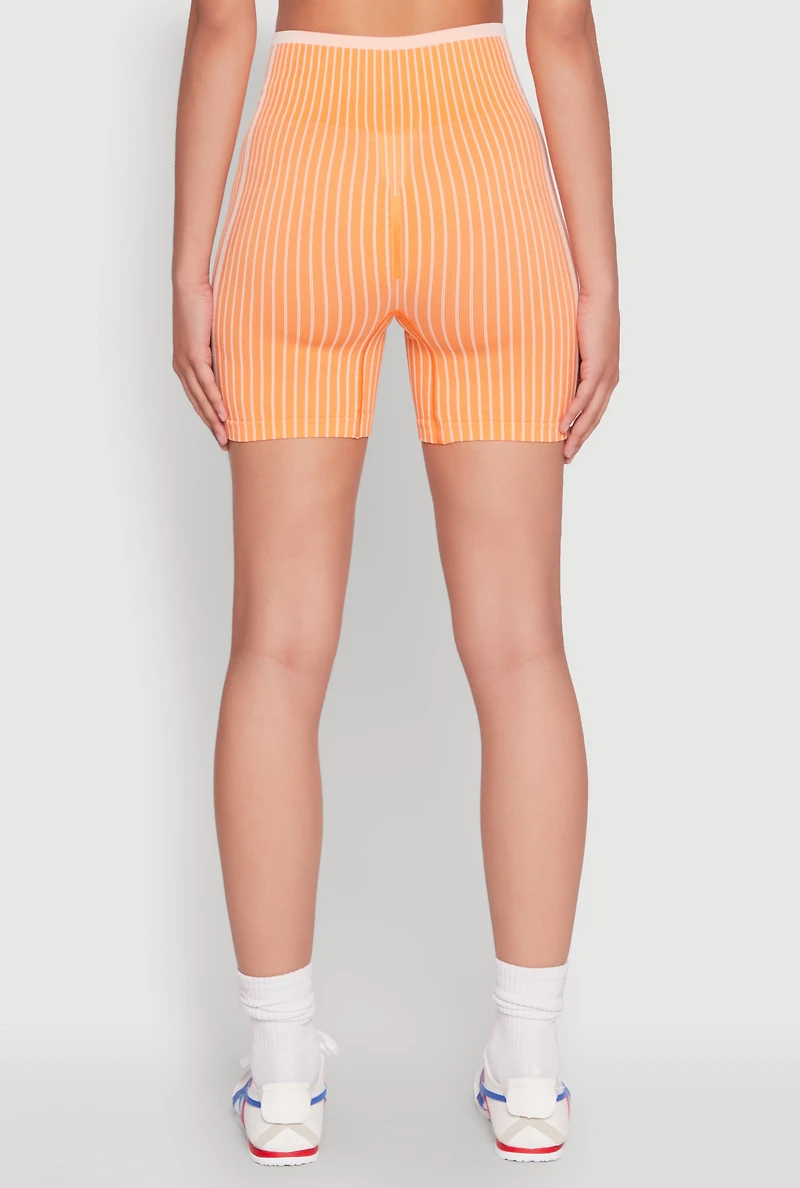 Womens Seamless Striped Biker Shorts, Orange,