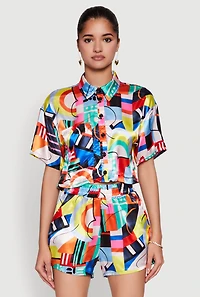 Abstract Print Cropped Button Front Shirt