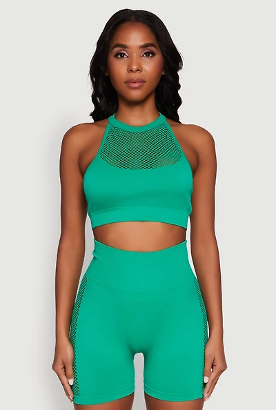 Womens Seamless Laser Cut Caged Back Crop Top, Green, Size S-M
