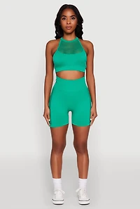 Womens Seamless Laser Cut Caged Back Crop Top, Green, Size L-XL