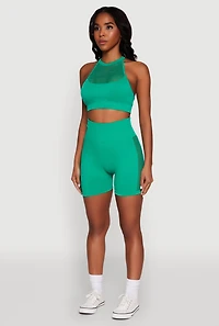 Womens Seamless Laser Cut Caged Back Crop Top, Green, Size L-XL