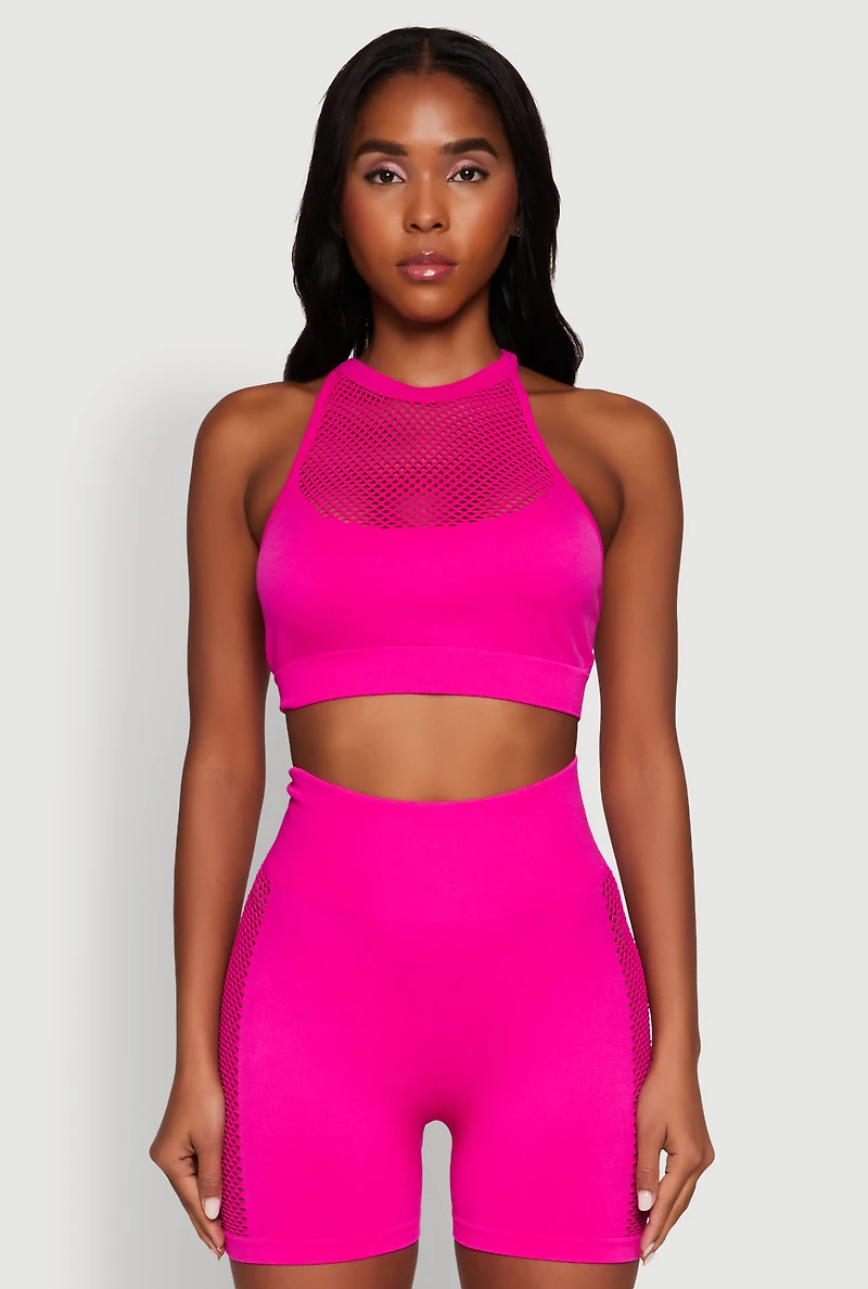 Womens Seamless Laser Cut Caged Back Crop Top, Pink,