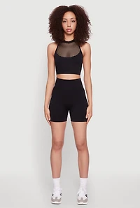 Womens Seamless High Waisted Bike Shorts with Laser Cut, Black, Size L-XL
