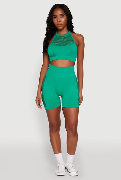 Womens Seamless High Waisted Bike Shorts with Laser Cut, Green, Size S-M