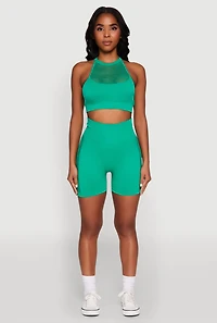 Womens Seamless High Waisted Bike Shorts with Laser Cut, Green, Size S-M