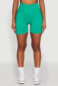Womens Seamless High Waisted Bike Shorts with Laser Cut, Green, Size S-M