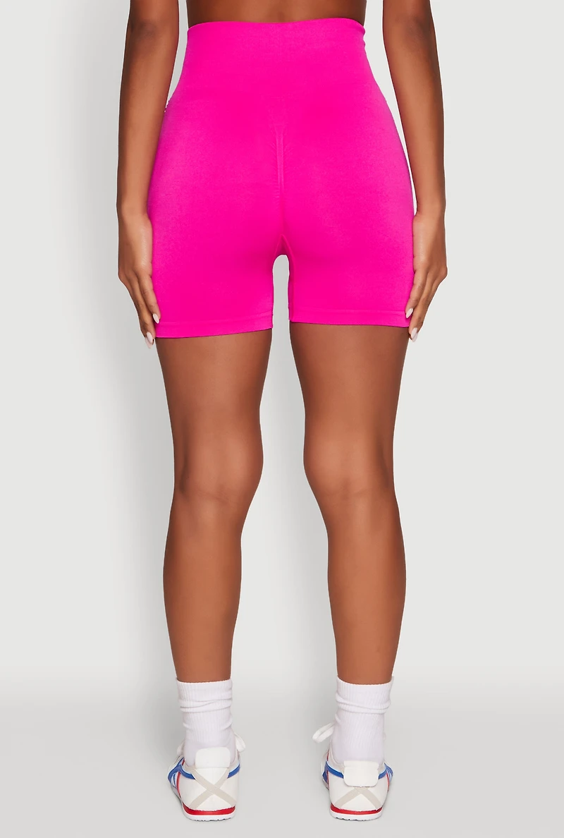 Womens Seamless High Waisted Bike Shorts with Laser Cut, Pink, Size L-XL