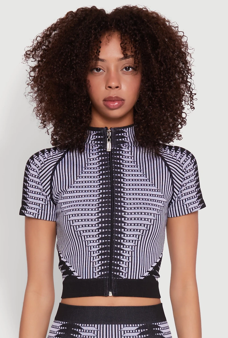 Womens Seamless Geometric Patterned Zip Front Top, Multi, Size S-M