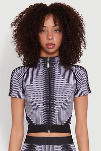 Womens Seamless Geometric Patterned Zip Front Top, Multi, Size S-M
