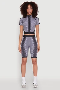 Womens Seamless Geometric Patterned Zip Front Top, Multi, Size M-L