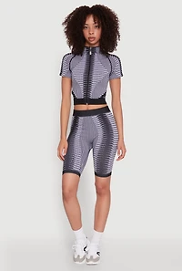 Womens Seamless Geometric Patterned Zip Front Top, Multi, Size S-M