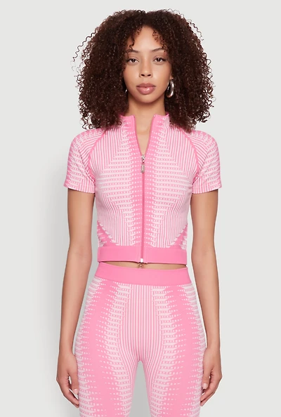 Womens Seamless Geometric Patterned Zip Front Top, Pink, Size M-L