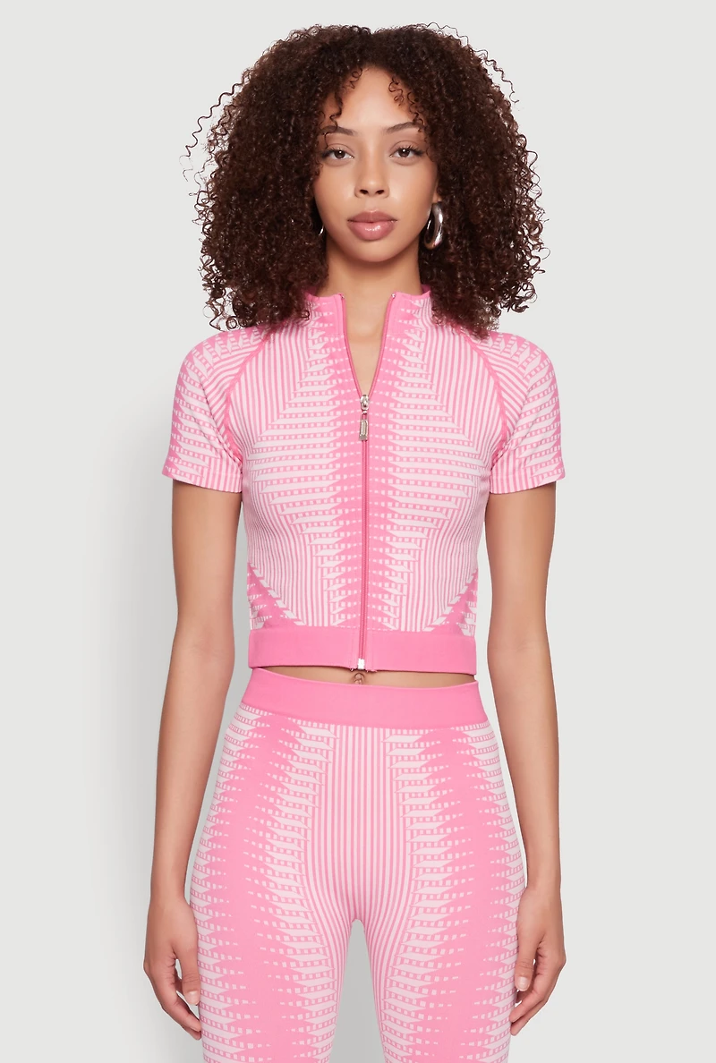 Womens Seamless Geometric Patterned Zip Front Top, Pink, Size M-L