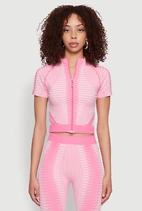 Womens Seamless Geometric Patterned Zip Front Top, Pink, Size M-L