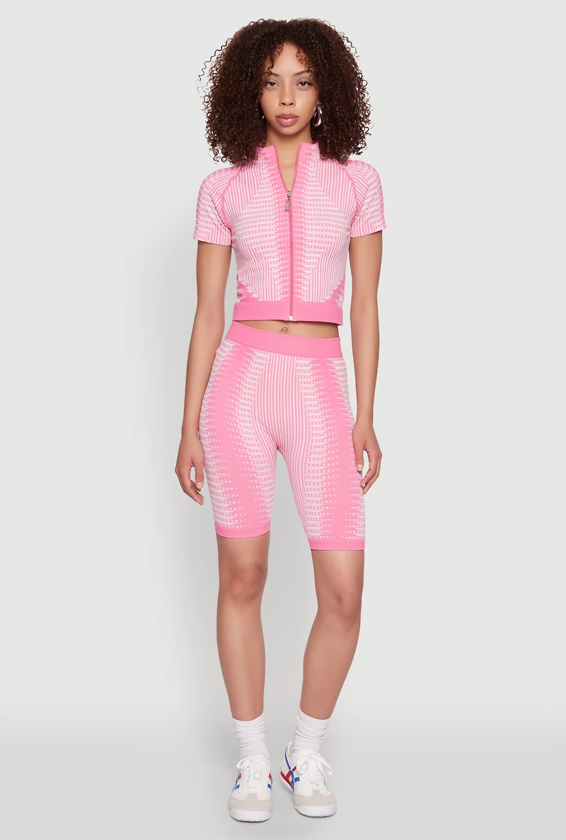 Womens Seamless Geometric Patterned Zip Front Top, Pink, Size M-L