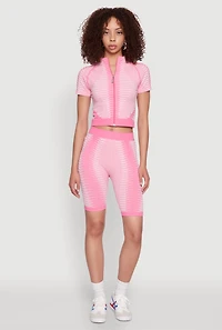 Womens Seamless Geometric Patterned Zip Front Top, Pink, Size M-L