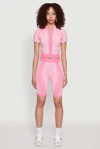 Womens Seamless Geometric Patterned Zip Front Top, Pink, Size M-L