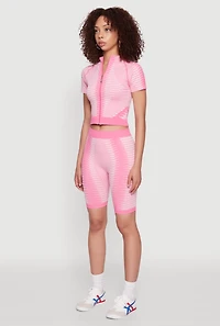 Womens Seamless Geometric Patterned Zip Front Top, Pink, Size M-L
