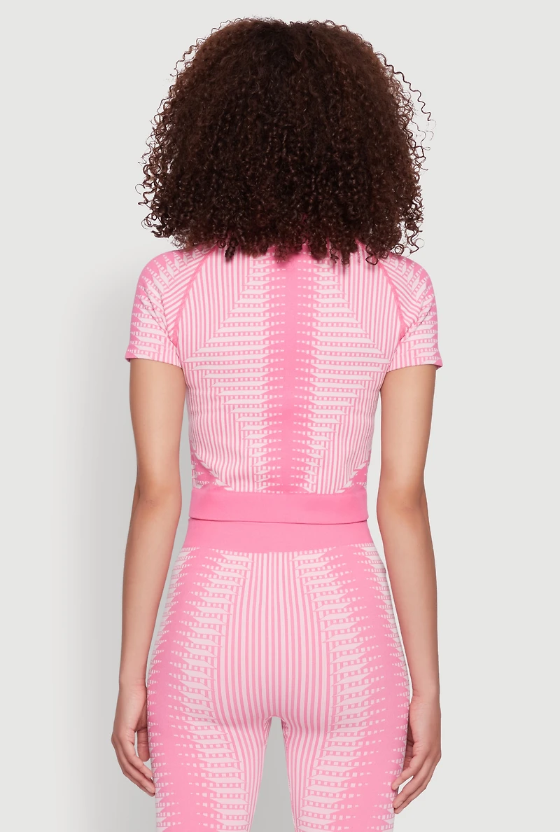 Womens Seamless Geometric Patterned Zip Front Top, Pink, Size M-L
