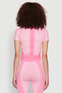 Womens Seamless Geometric Patterned Zip Front Top, Pink, Size M-L