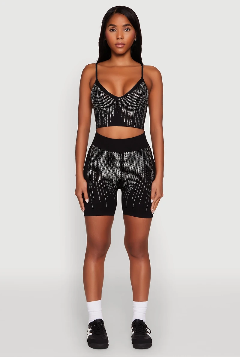 Womens Seamless Rhinestone Ribbed Crop Top, Black, Size M-L