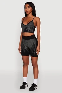 Womens Seamless Rhinestone Ribbed Crop Top, Black, Size M-L