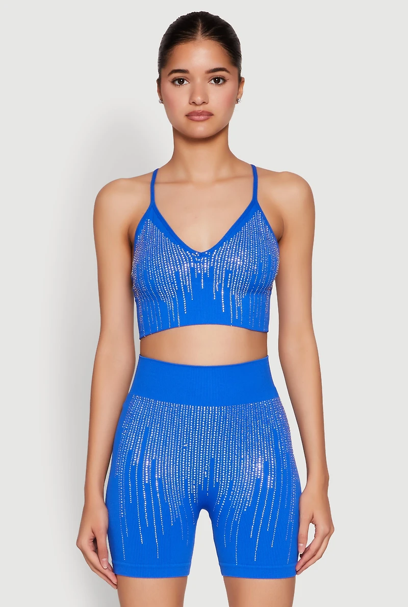 Womens Seamless Rhinestone Ribbed Crop Top, Blue, Size M-L