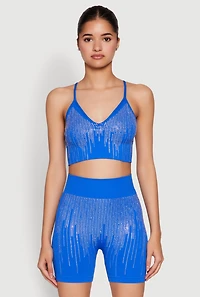 Womens Seamless Rhinestone Ribbed Crop Top, Blue, Size M-L