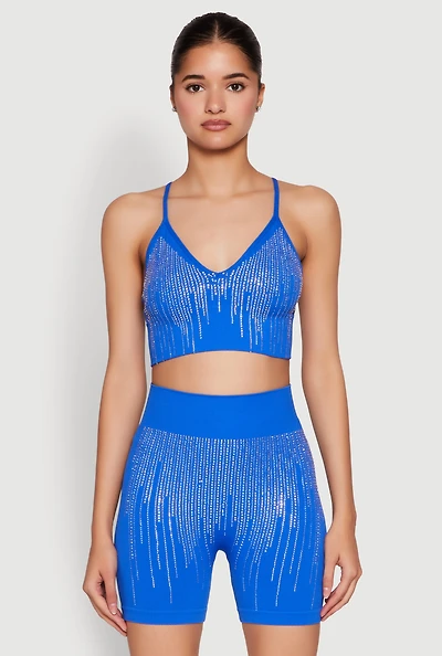 Womens Seamless Rhinestone Ribbed Crop Top, Blue, Size S-M