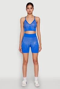 Womens Seamless Rhinestone Ribbed Crop Top, Blue, Size M-L