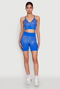 Womens Seamless Rhinestone Ribbed Crop Top, Blue, Size M-L