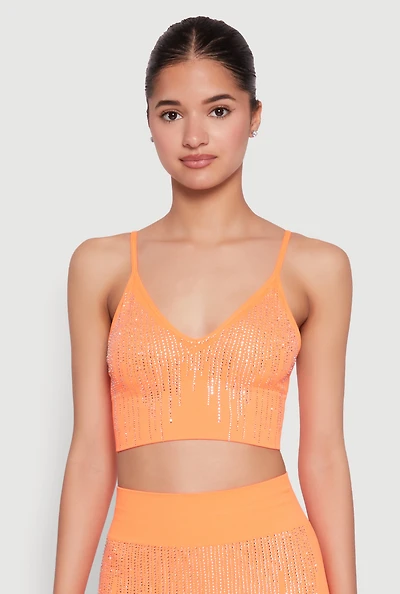 Womens Seamless Rhinestone Ribbed Crop Top, Orange, Size S-M