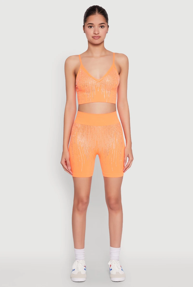 Womens Seamless Rhinestone Ribbed Biker Shorts, Orange, Size M-L