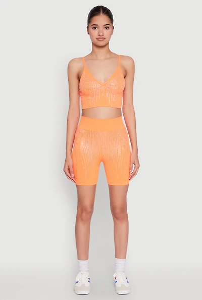 Womens Seamless Rhinestone Ribbed Biker Shorts, Orange, Size M-L