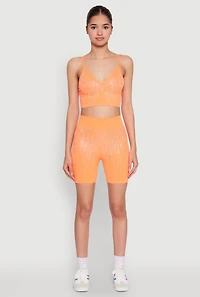 Womens Seamless Rhinestone Ribbed Biker Shorts, Orange, Size M-L