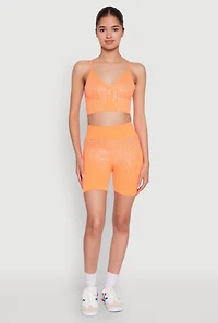 Womens Seamless Rhinestone Ribbed Biker Shorts, Orange, Size M-L