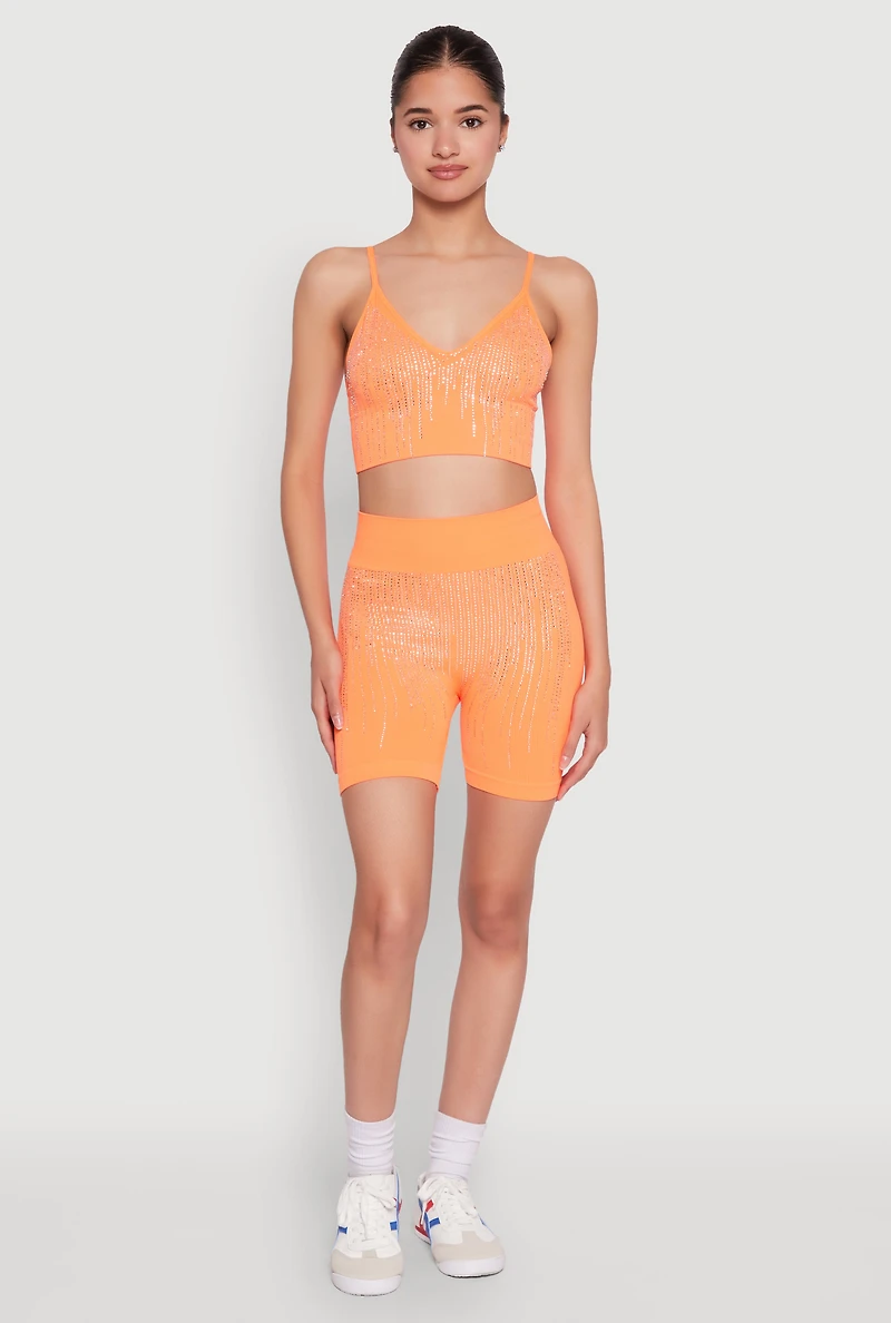 Womens Seamless Rhinestone Ribbed Biker Shorts, Orange, Size S-M