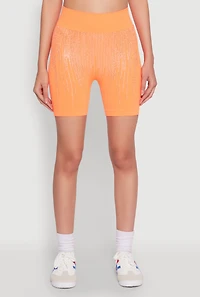 Womens Seamless Rhinestone Ribbed Biker Shorts, Orange, Size M-L
