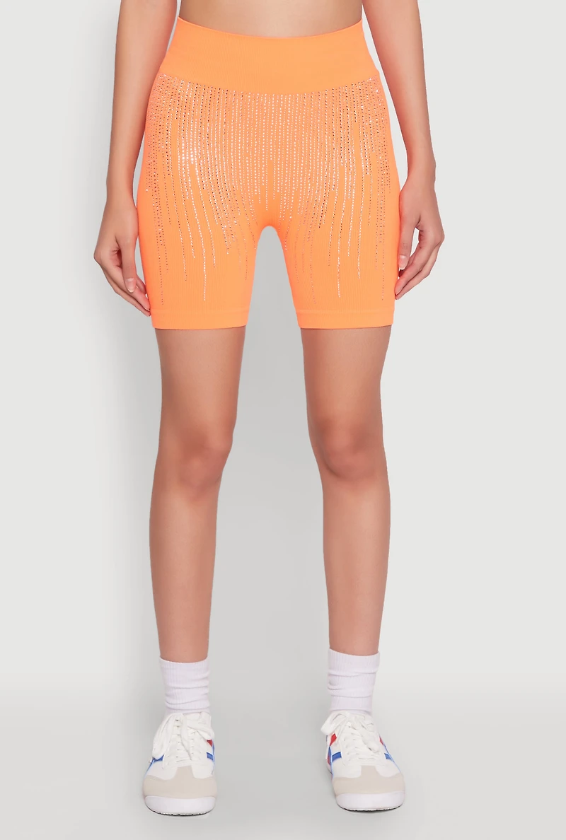 Womens Seamless Rhinestone Ribbed Biker Shorts, Orange, Size S-M