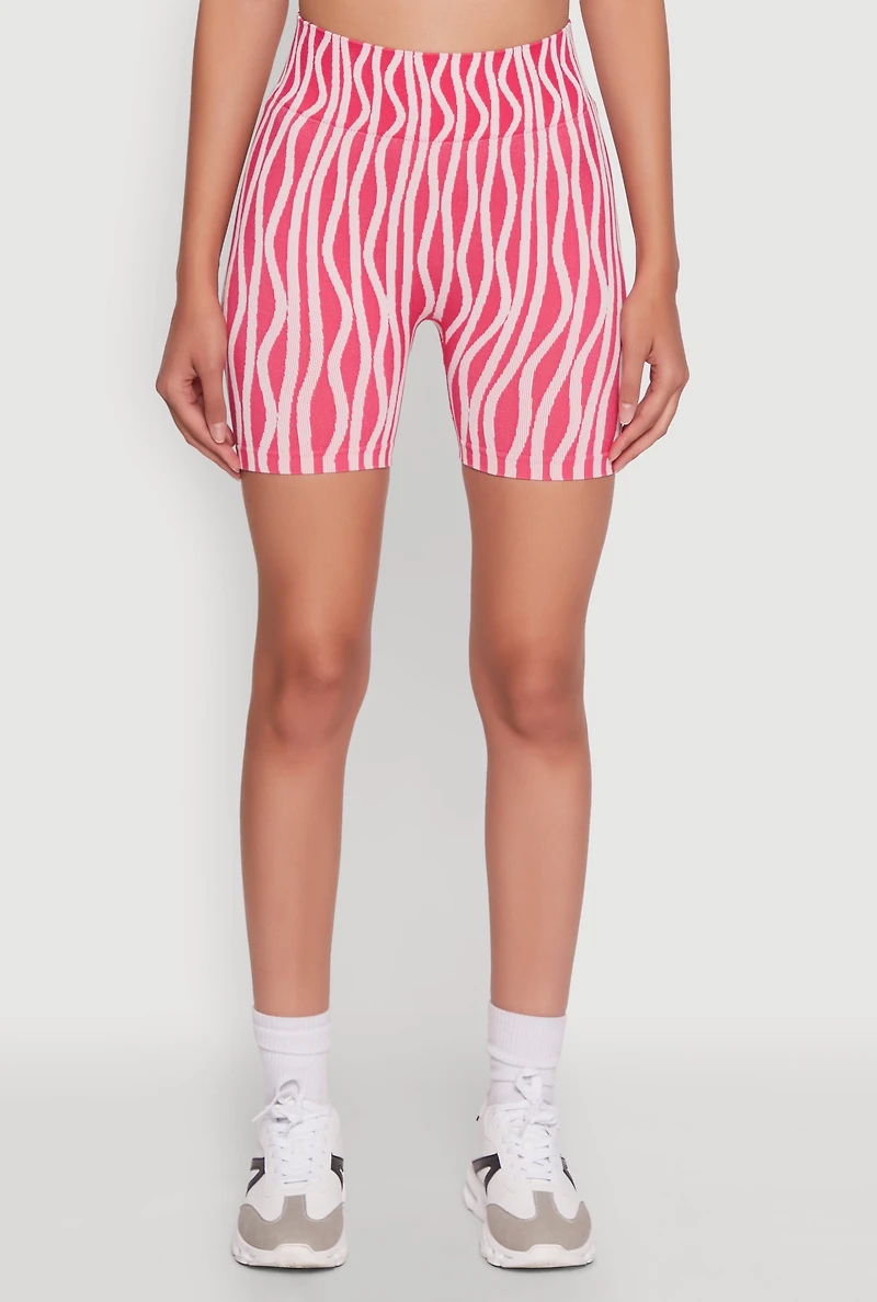 Womens Compression Rib Activewear High Waisted Seamless Bike Shorts, Pink, Size S-M