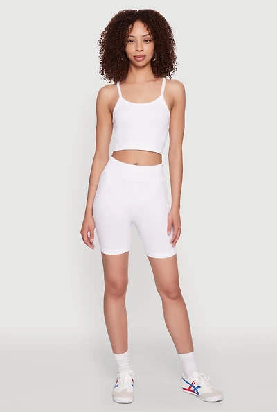 Womens Seamless Wide Waistband Biker Shorts, White, Size M-L