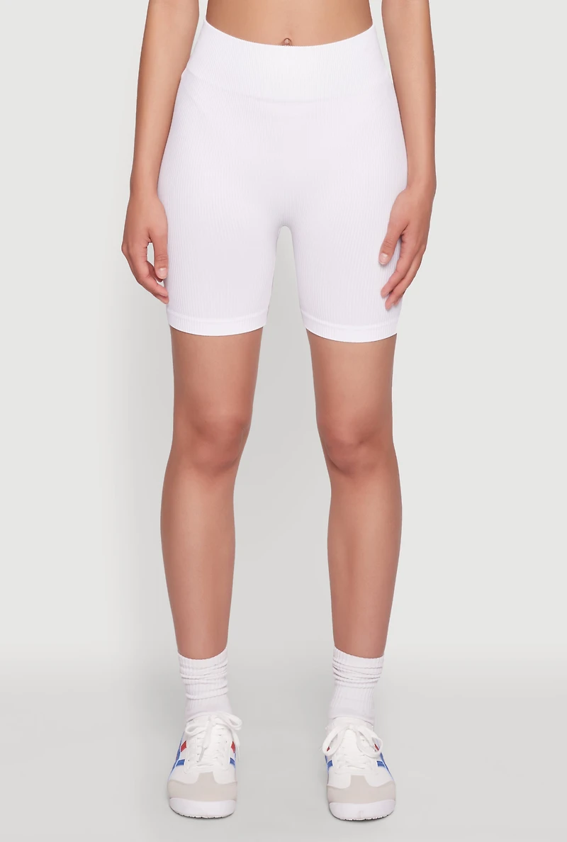 Womens Seamless Wide Waistband Biker Shorts, White, Size M-L