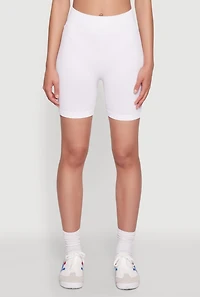 Womens Seamless Wide Waistband Biker Shorts, White, Size M-L