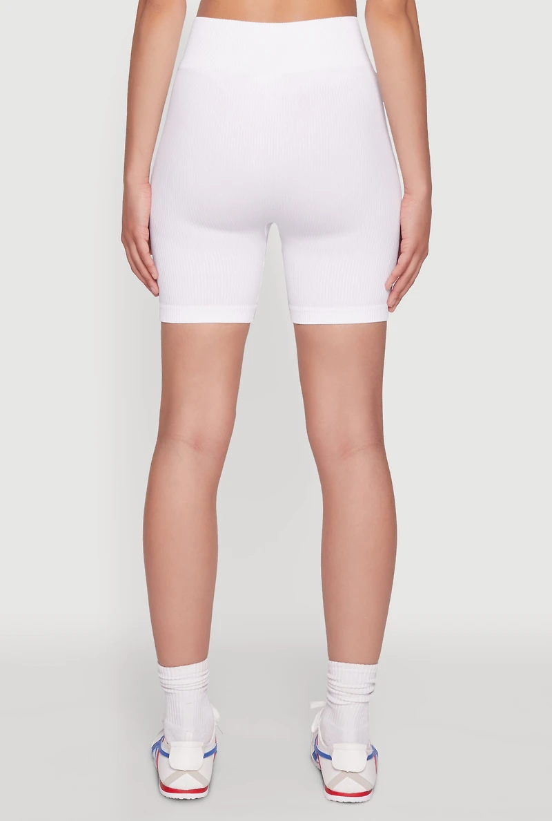 Womens Seamless Wide Waistband Biker Shorts, White, Size M-L