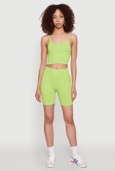 Womens Seamless Wide Waistband Biker Shorts, Green, Size M-L