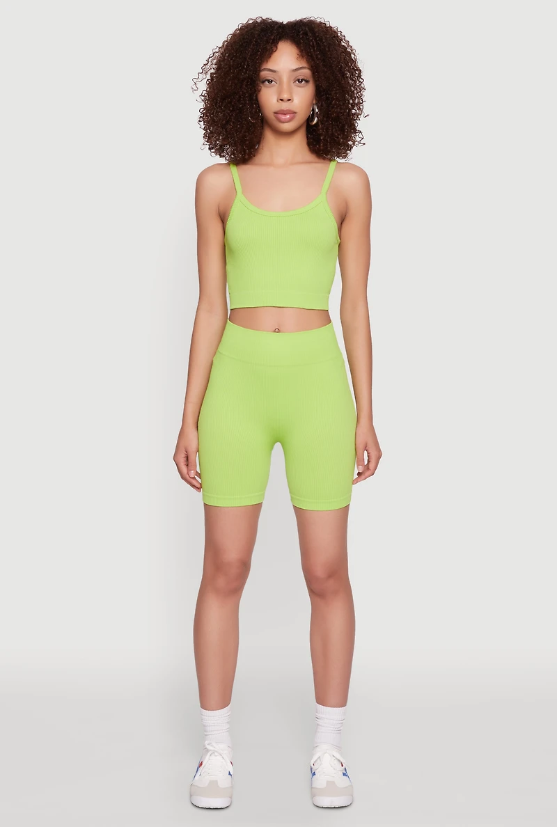 Womens Seamless Wide Waistband Biker Shorts, Green, Size M-L